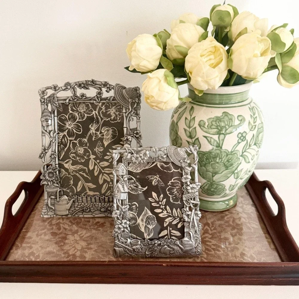 Vintage Cottage Garden Picture Frame Set Pewter Toned Raised Detail 5x7 & 3.5x5
